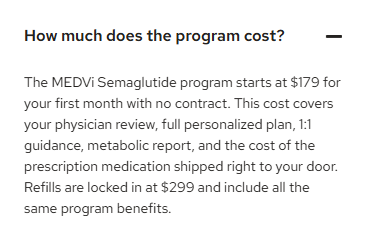 MEDVi public pricing FAQ: $179 first month, then $299 for refills, with included plan services