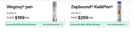 Ro's official Wegovy pen and Zepbound KwikPen advertised starting medication prices of $199 and $299 per month, before membership