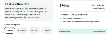 Ro official membership pricing: $39 introductory month and $74 per month on a 12-month plan prepaid annually